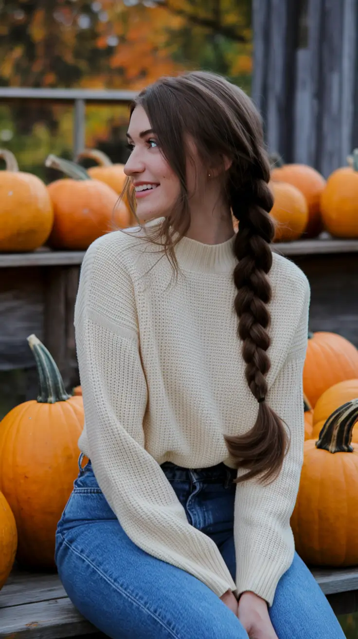 fall hairstyles for women Classic Farm-Girl Side Braid with Cozy Energy