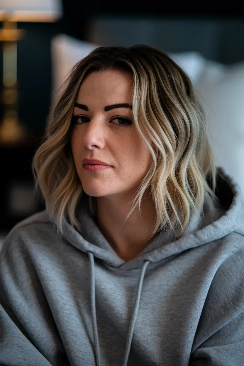 fall hairstyles for women Blunt Wavy Bob with Rooty Contrast