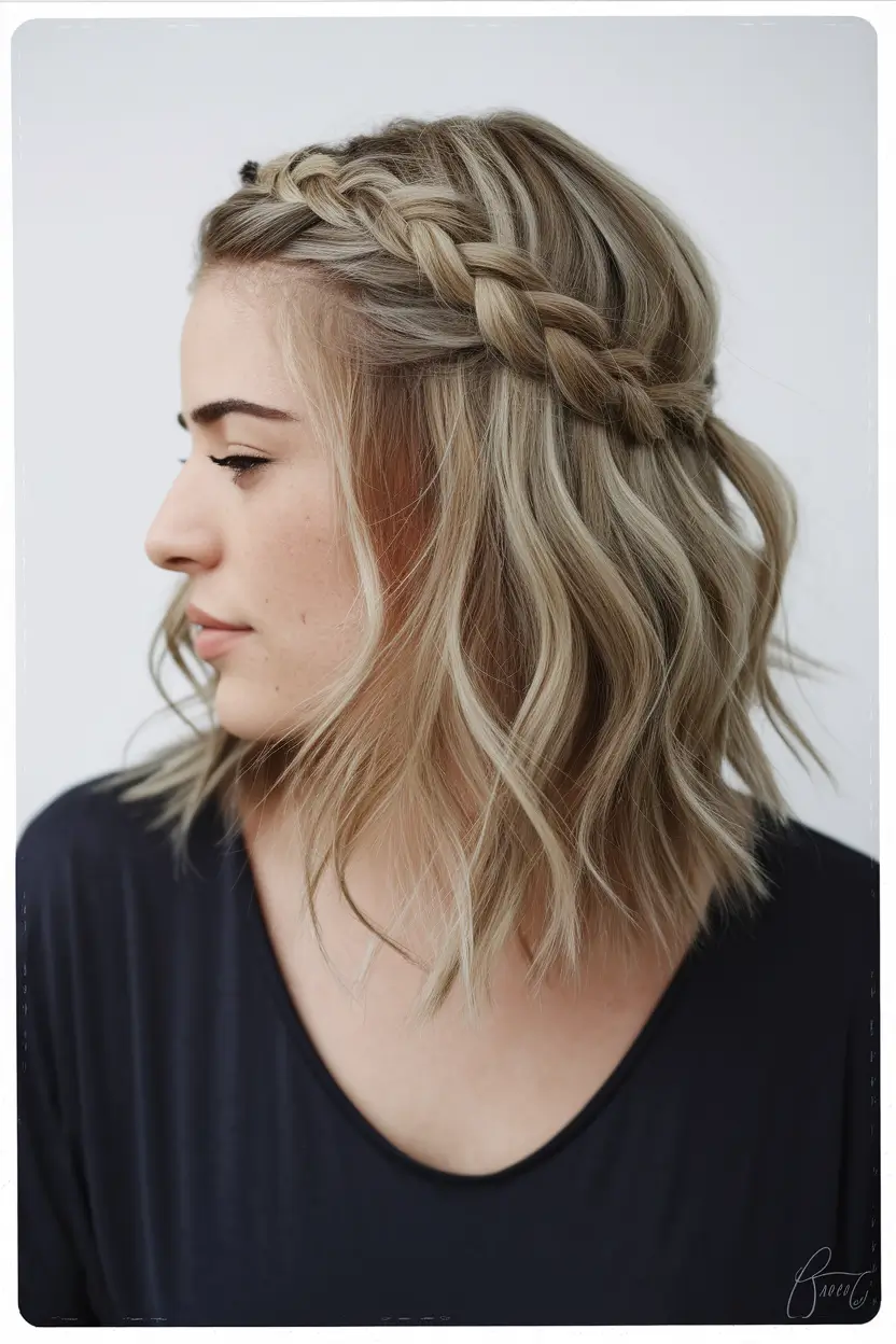 fall hairstyles for women Half-Up Waterfall Braid on Wavy Lob