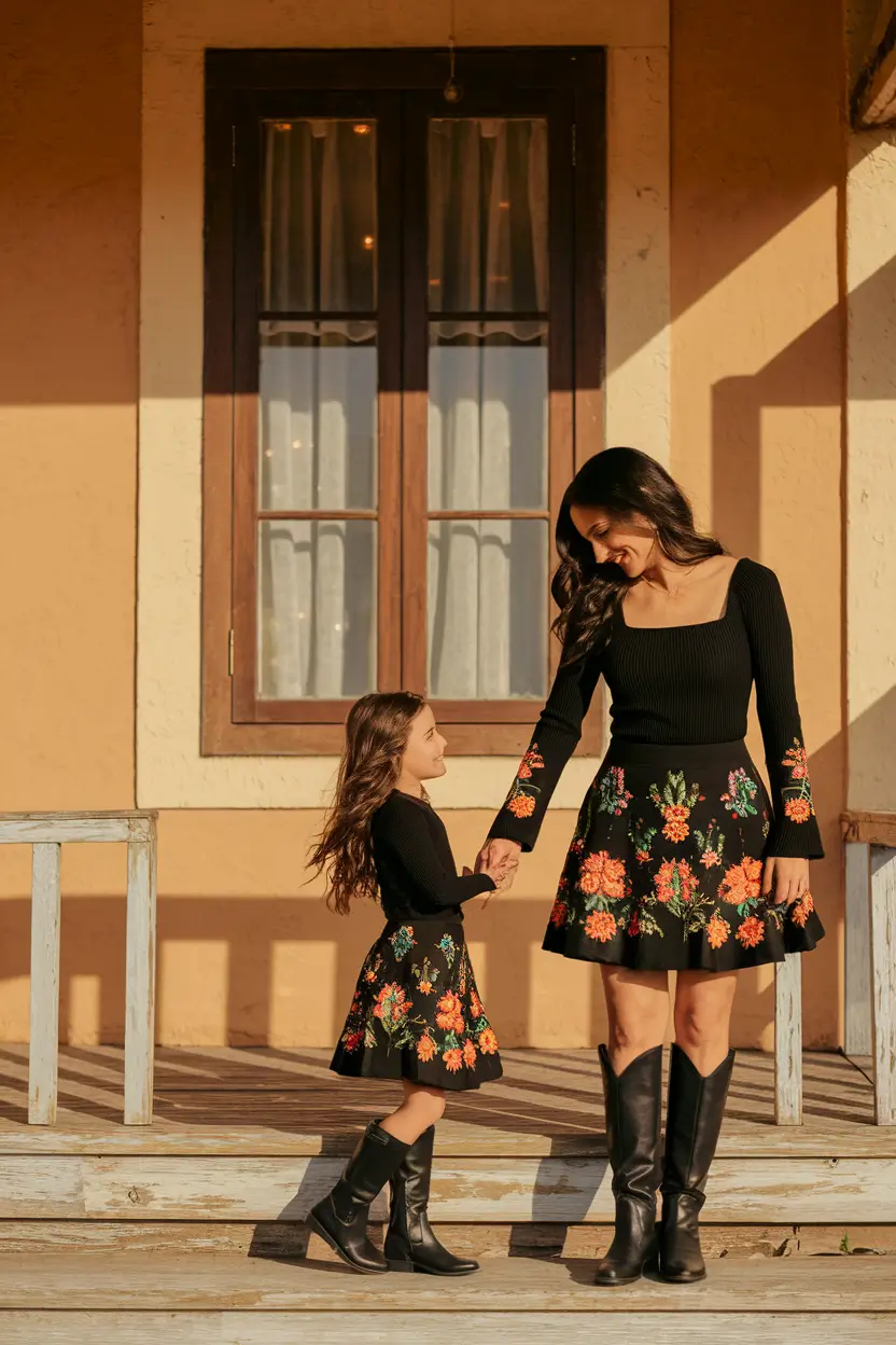 fall family pictures outfits Matching Black Florals for Mom and Daughter