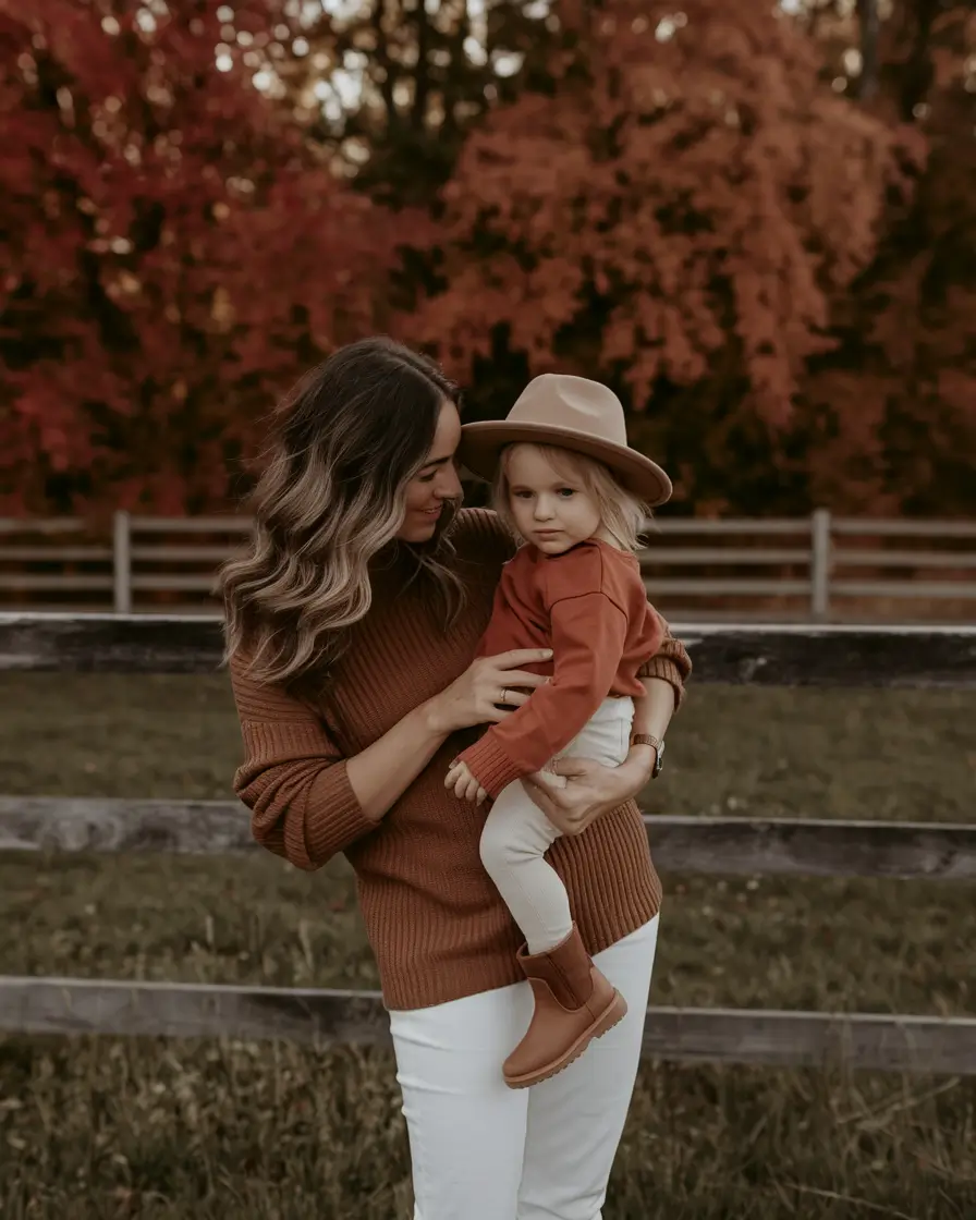fall family pictures outfits Rust and Cream for Mom and Mini