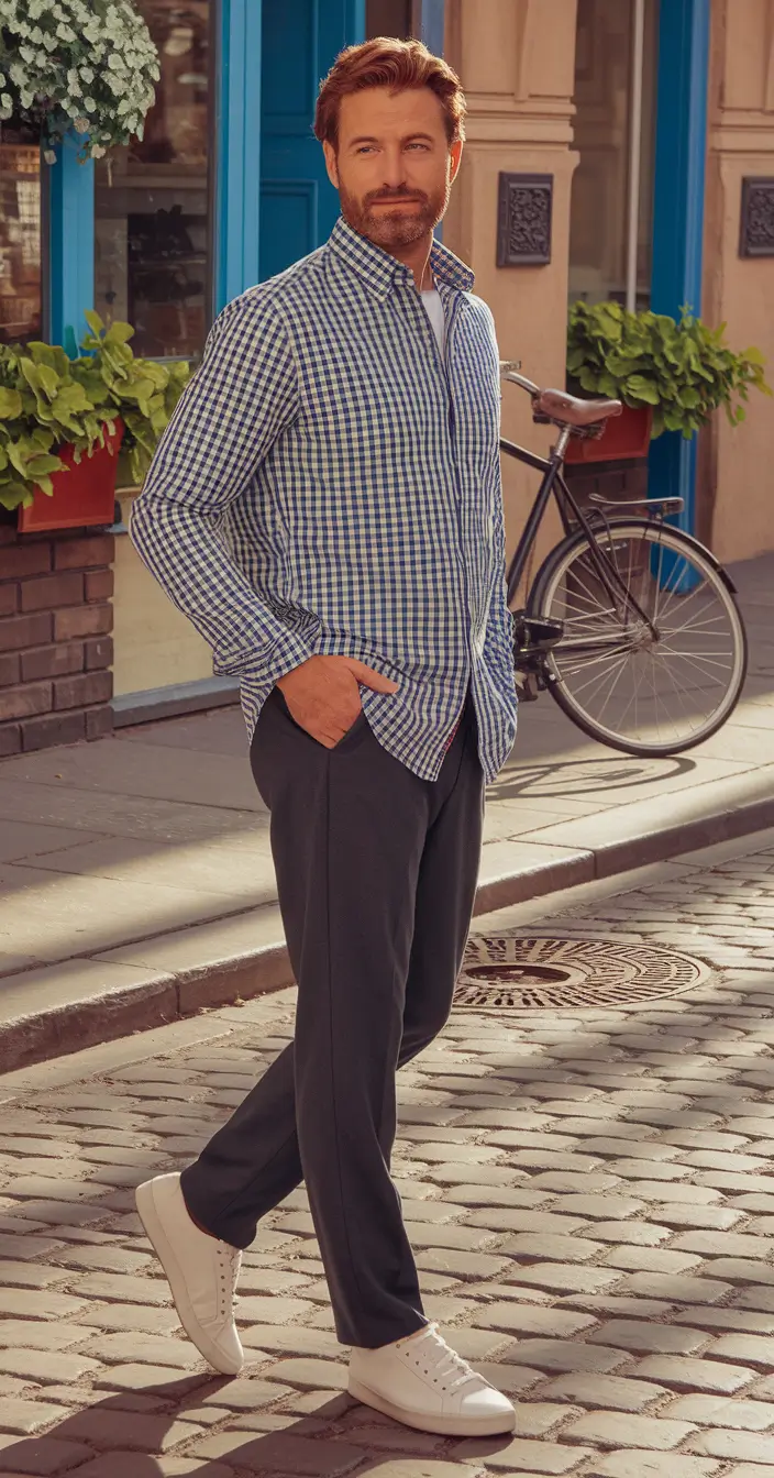 fall outfits for men over 40 Relaxed Check Shirt for a Breezy Fall Stroll