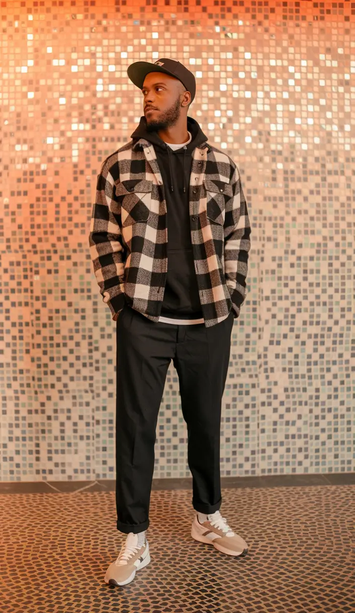 fall outfits for men casual comfy Layered Check Jacket and Hoodie Combo