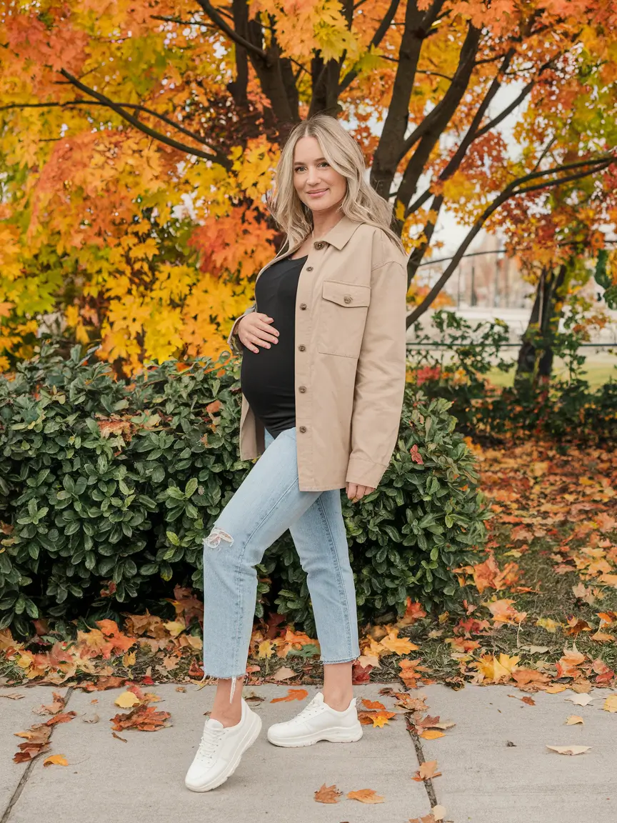 fall outfits for pregnant women – Laid-Back Utility with Leaf-Crunching Charm