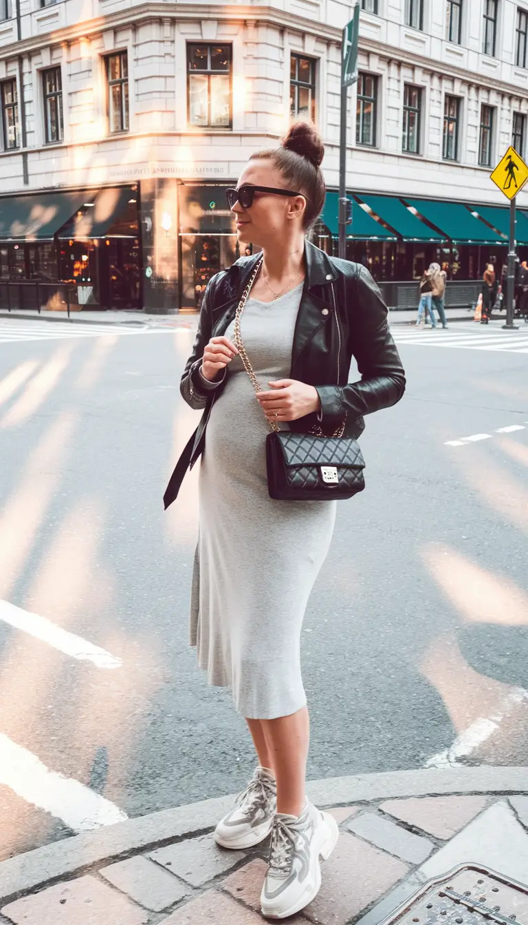 fall outfits for pregnant women – Street-Ready Sleek with Monochrome Muscle