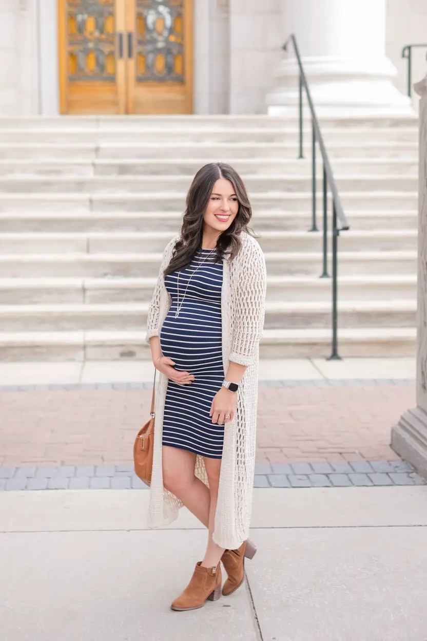 fall outfits for pregnant women Layered Stripes & Soft Neutrals for Transitional Days