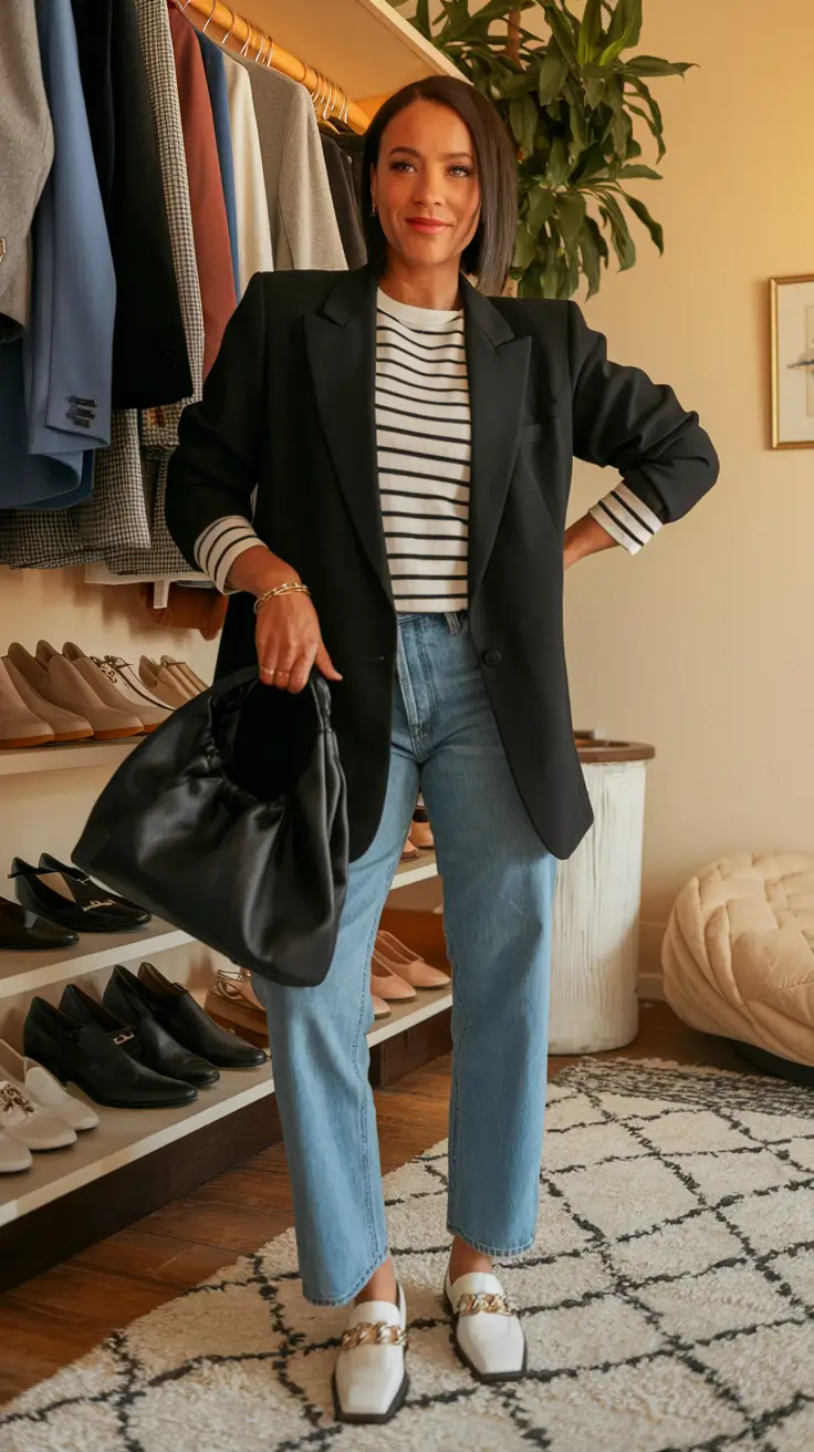 casual fall outfits for women Parisian Stripe Meets Boss Energy