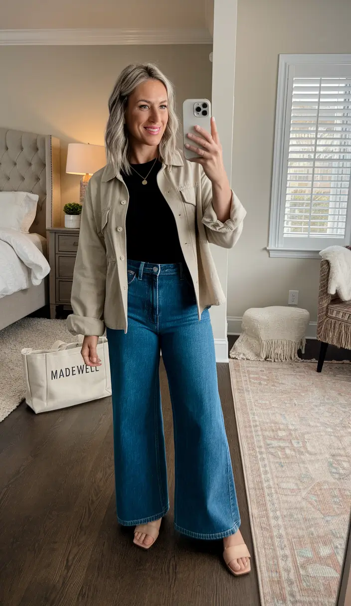 casual fall outfits for women Structured Neutrals with Wide-Leg Denim