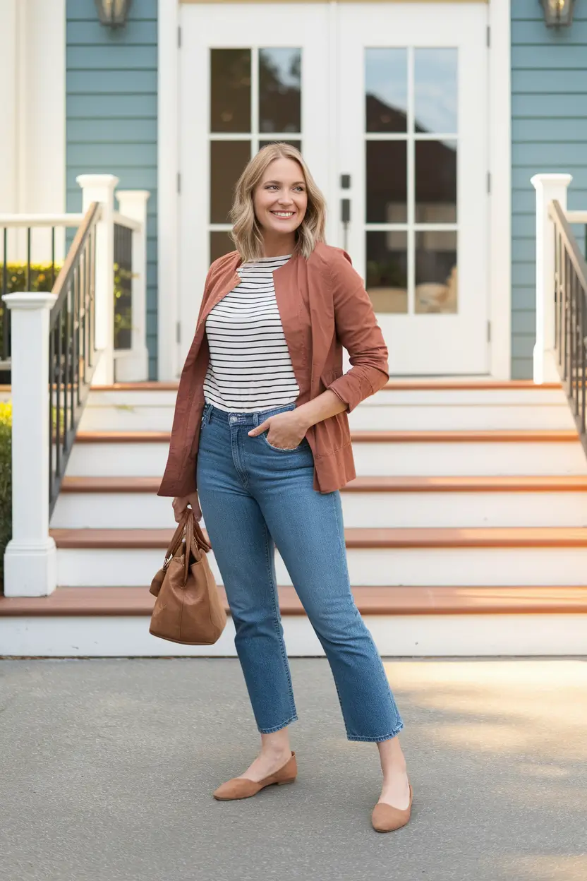 casual fall outfits for women Everyday Stripes & Rust Blazer Charm