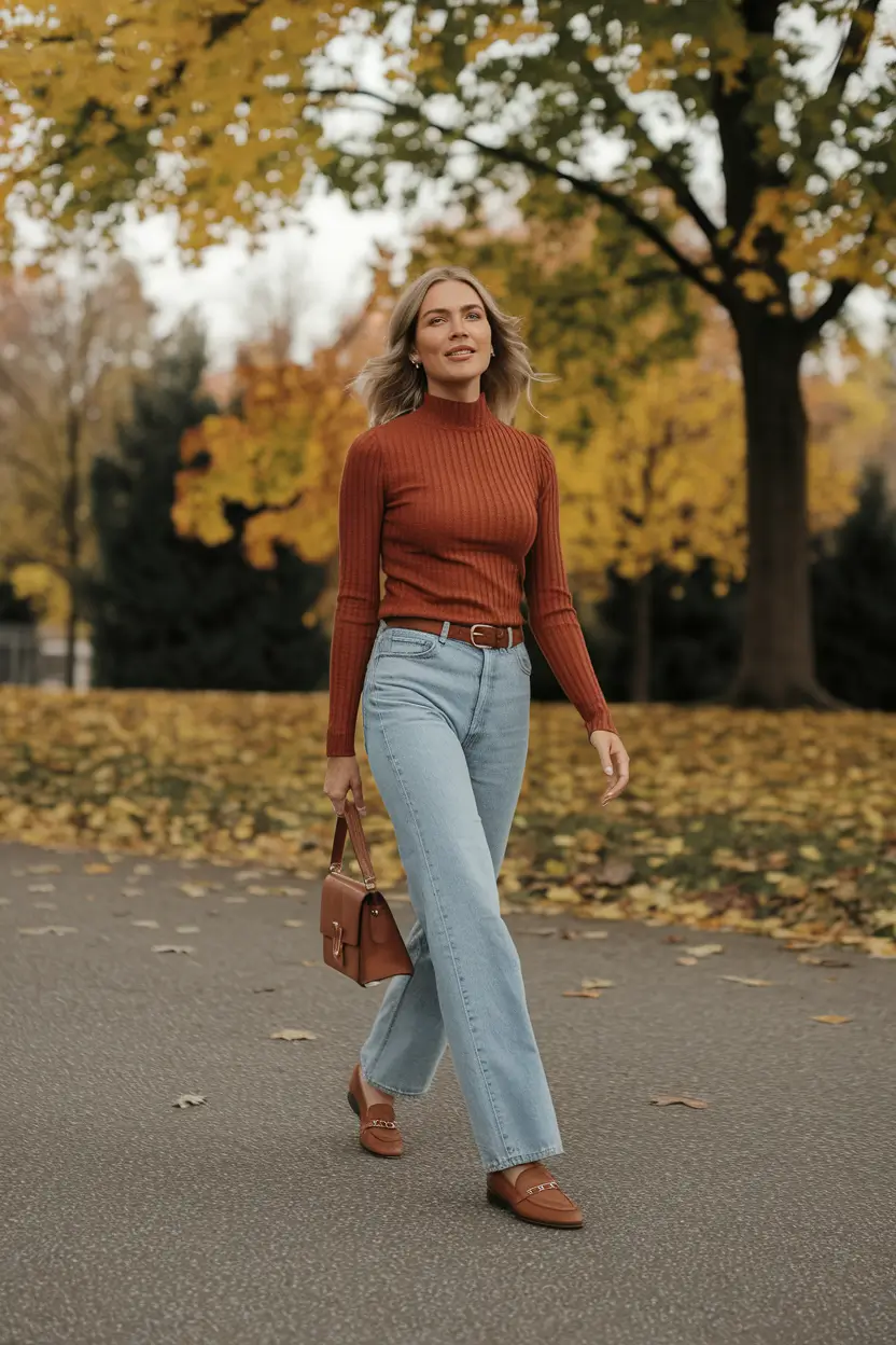 casual fall outfits for women Warm Rust with Light Denim Ease
