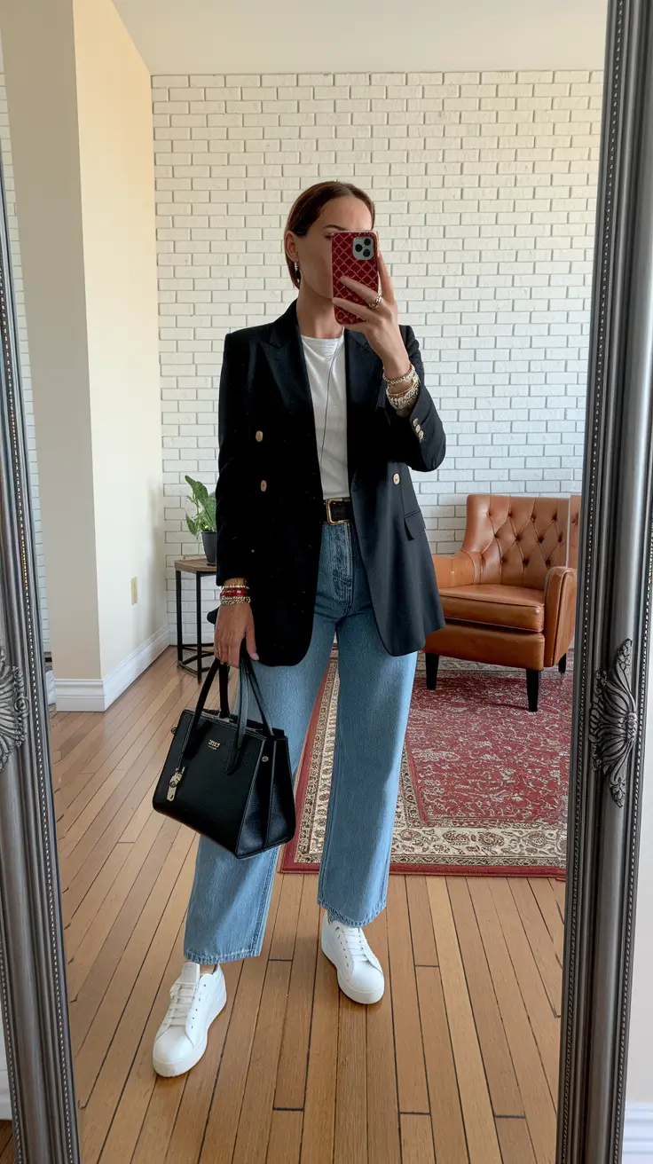 casual fall outfits for women Polished Power Look with White Sneakers