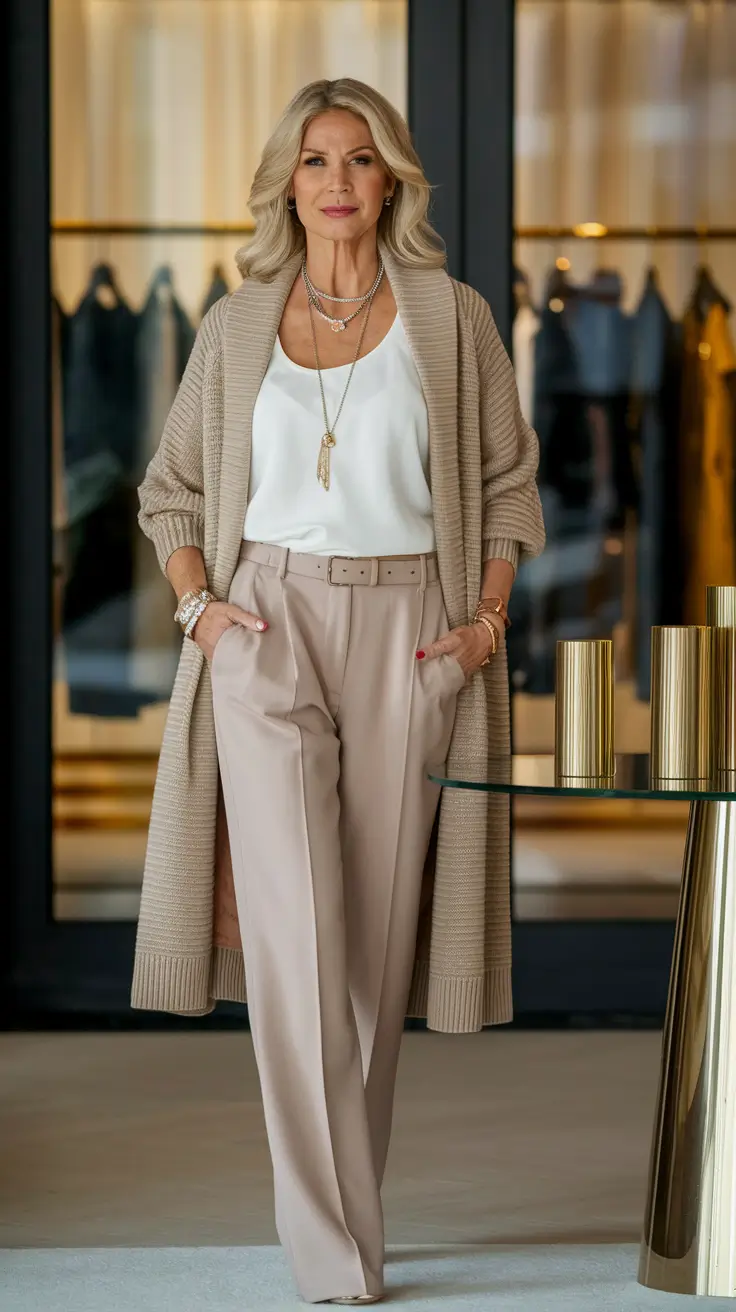 fall outfits for women over 40 Layered Neutrals with a Soft Luxe Touch