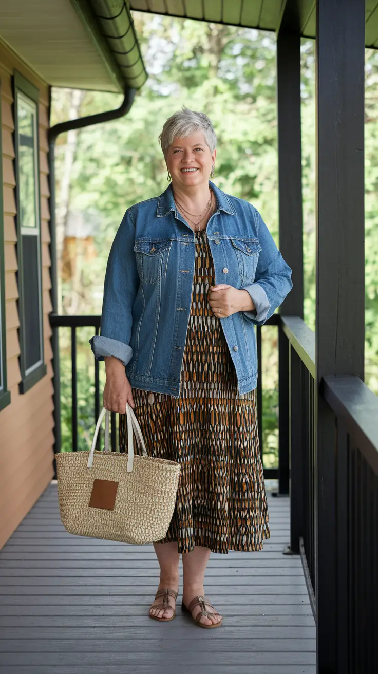 women over 50 fashion fall outfits classy Earthy Patterns Meet Denim Charm
