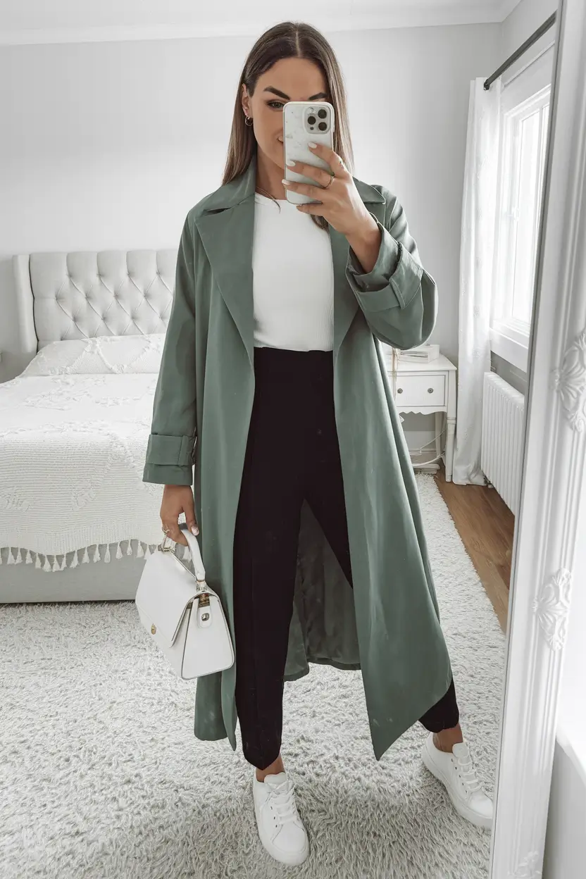 fall outfits ideas with black leggings Soft Green Trench with Sporty Layers