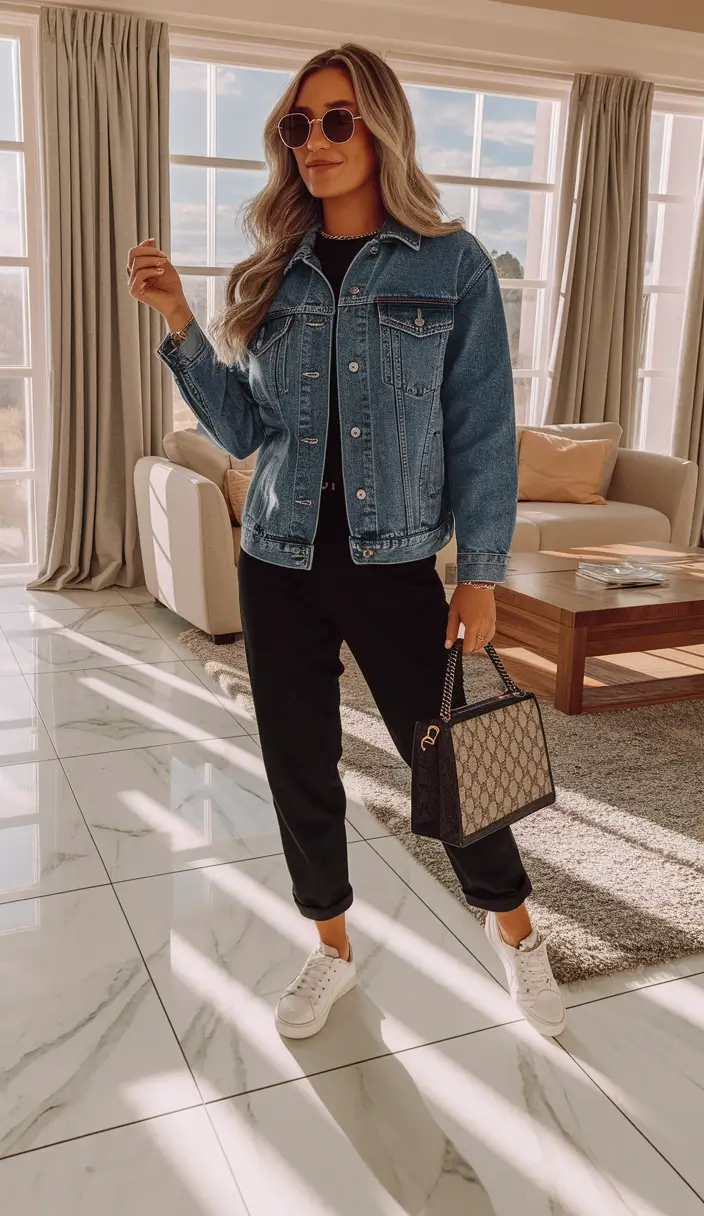 fall outfits ideas with black leggings Weekend Chic in a Denim Jacket and Sneakers