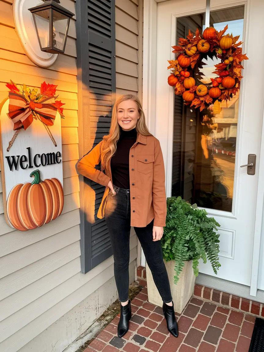 fall outfits ideas for women Black Denim and Pumpkin Spice Energy
