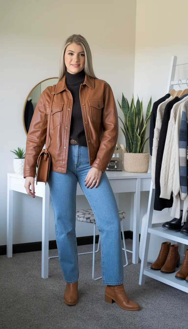 fall outfits with jeans Retro Leather Layers with Modern Denim