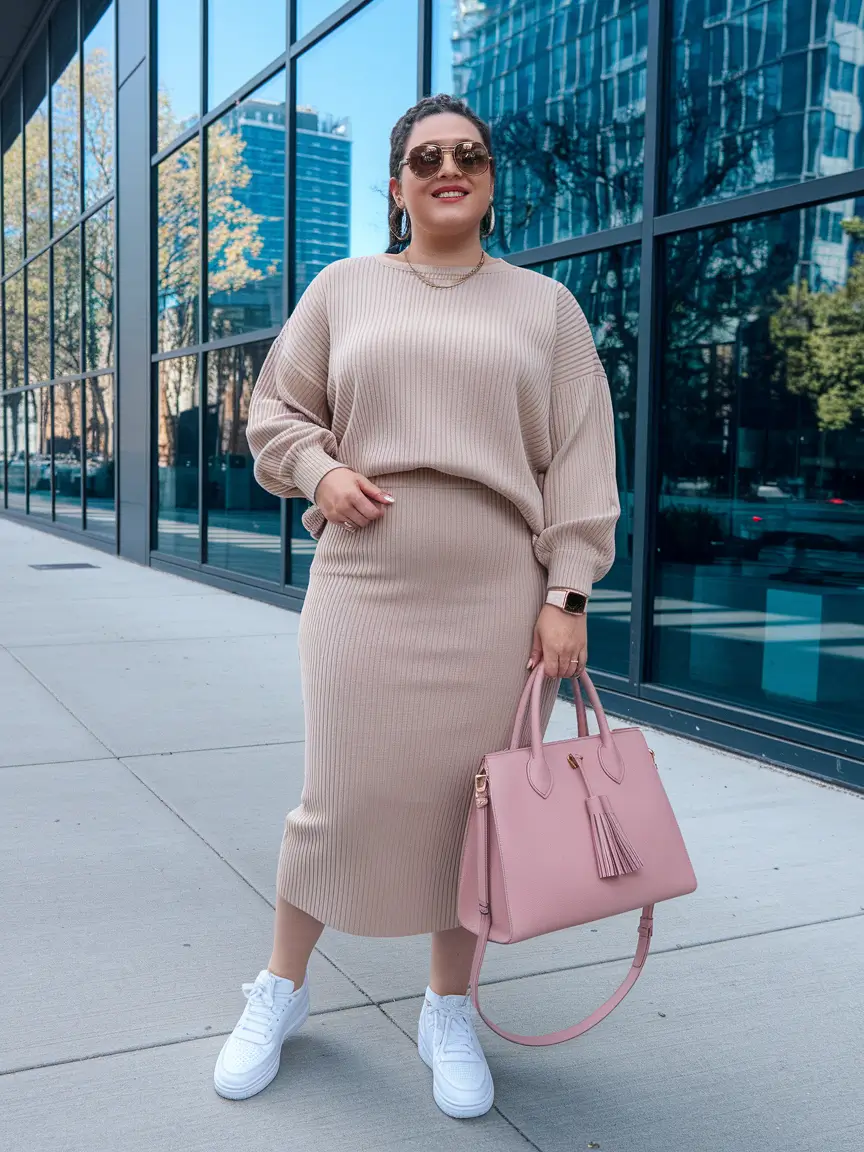 fall plus size capsule wardrobe Ribbed Knit Dress Set with Sporty Charm