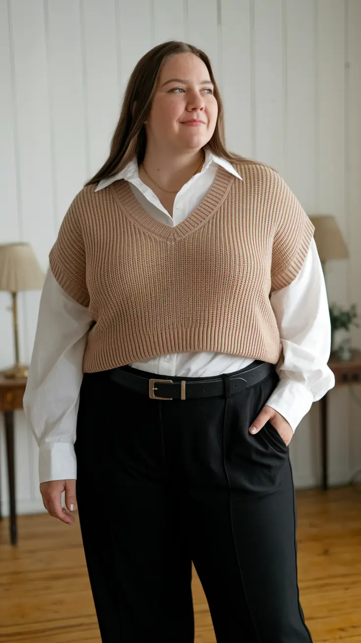 plus size fall work capsule wardrobe Layered Vest and Shirt Combo That Says Smart and Seasonal