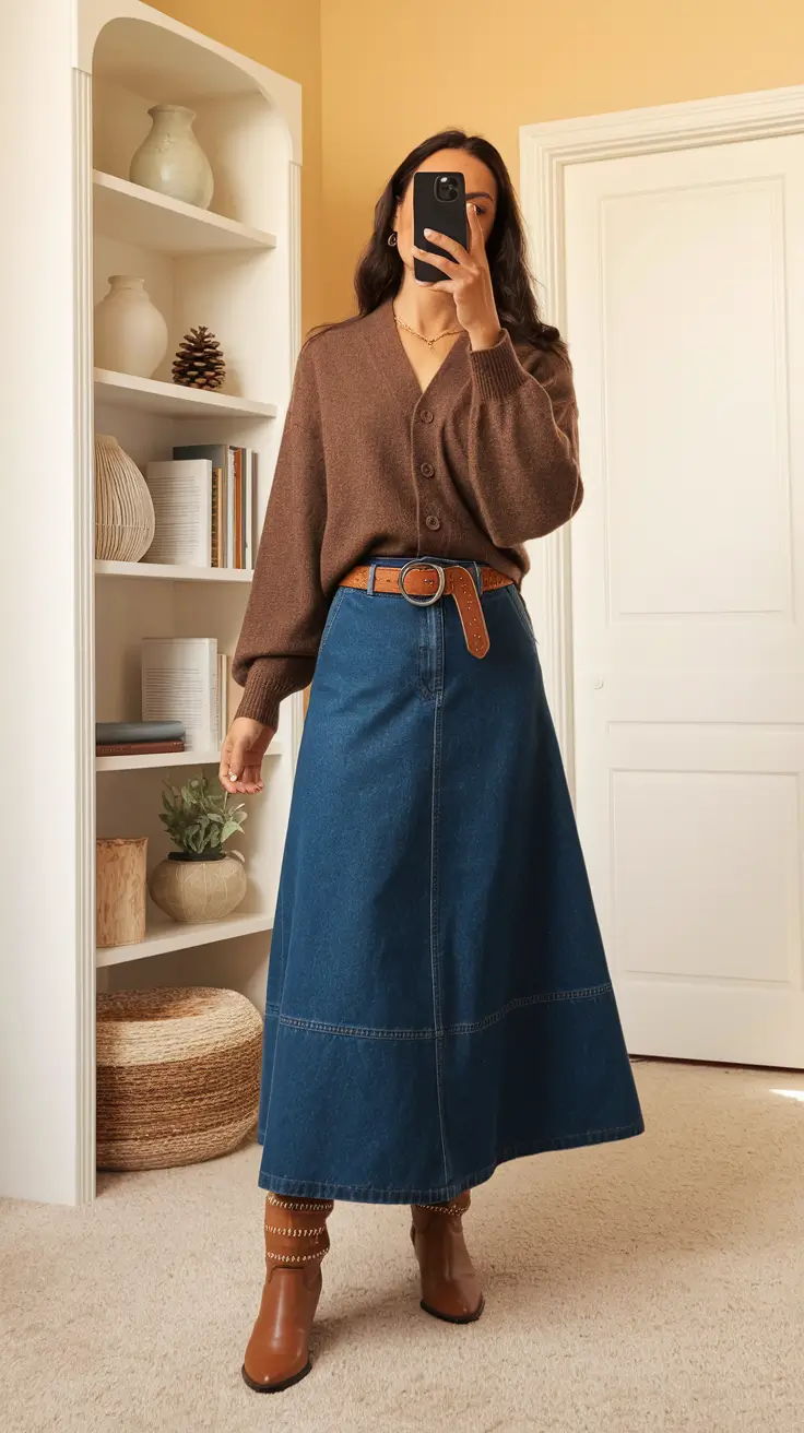 fall skirt outfits casual Vintage Denim Vibes with Western Charm