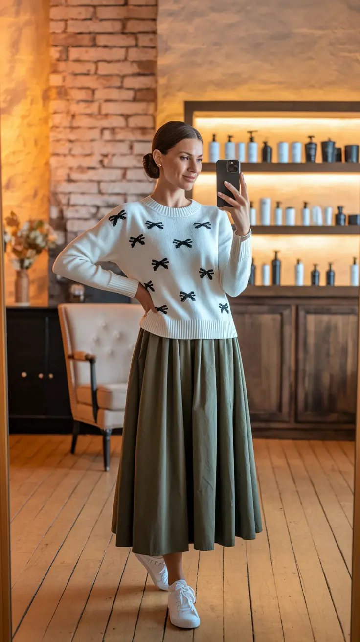 fall skirt outfits with sneakers Playful Patterns and Off-Duty Energy