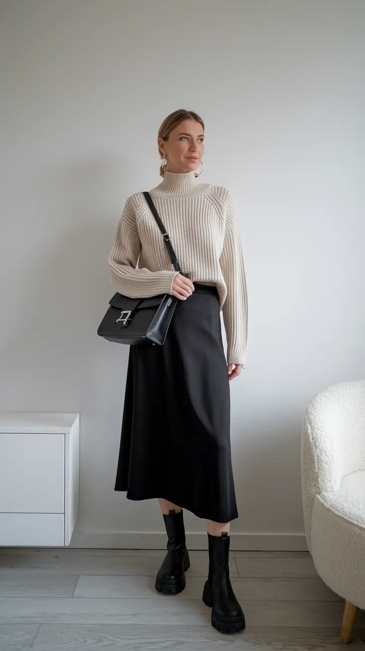 fall skirt outfits with boots Chunky Knits and Cool-Girl Boots