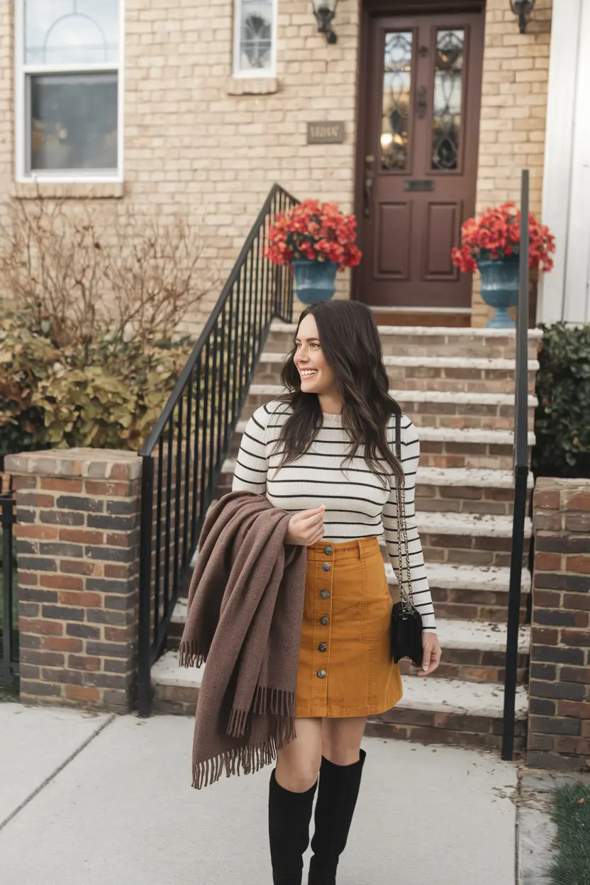 fall skirt outfits with boots plus size Retro Autumn with a Pop of Mustard