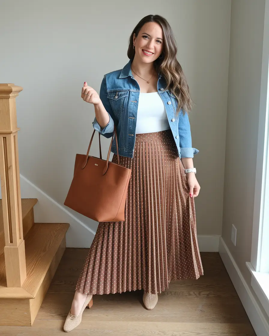 fall skirt outfits women Layered Neutrals with Denim Flair