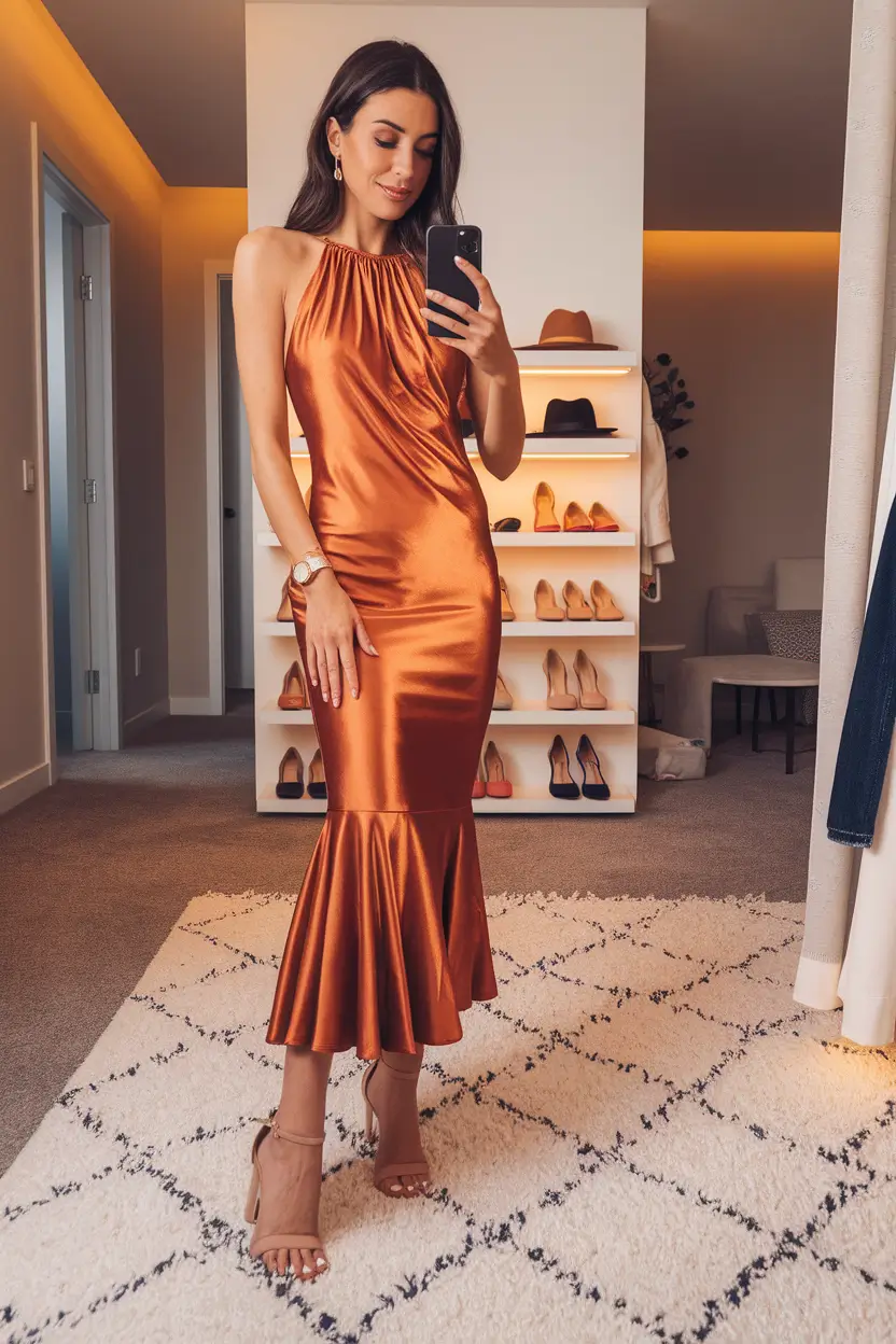 fall wedding guest dress october formal Bronze Satin Glamour with a Mermaid Finish