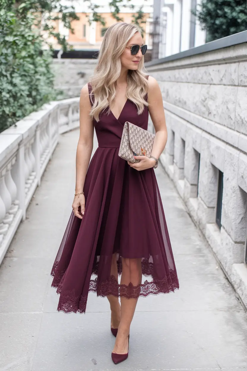 fall wedding guest dress october outdoor Wine-Colored Tulle with Lace Trim