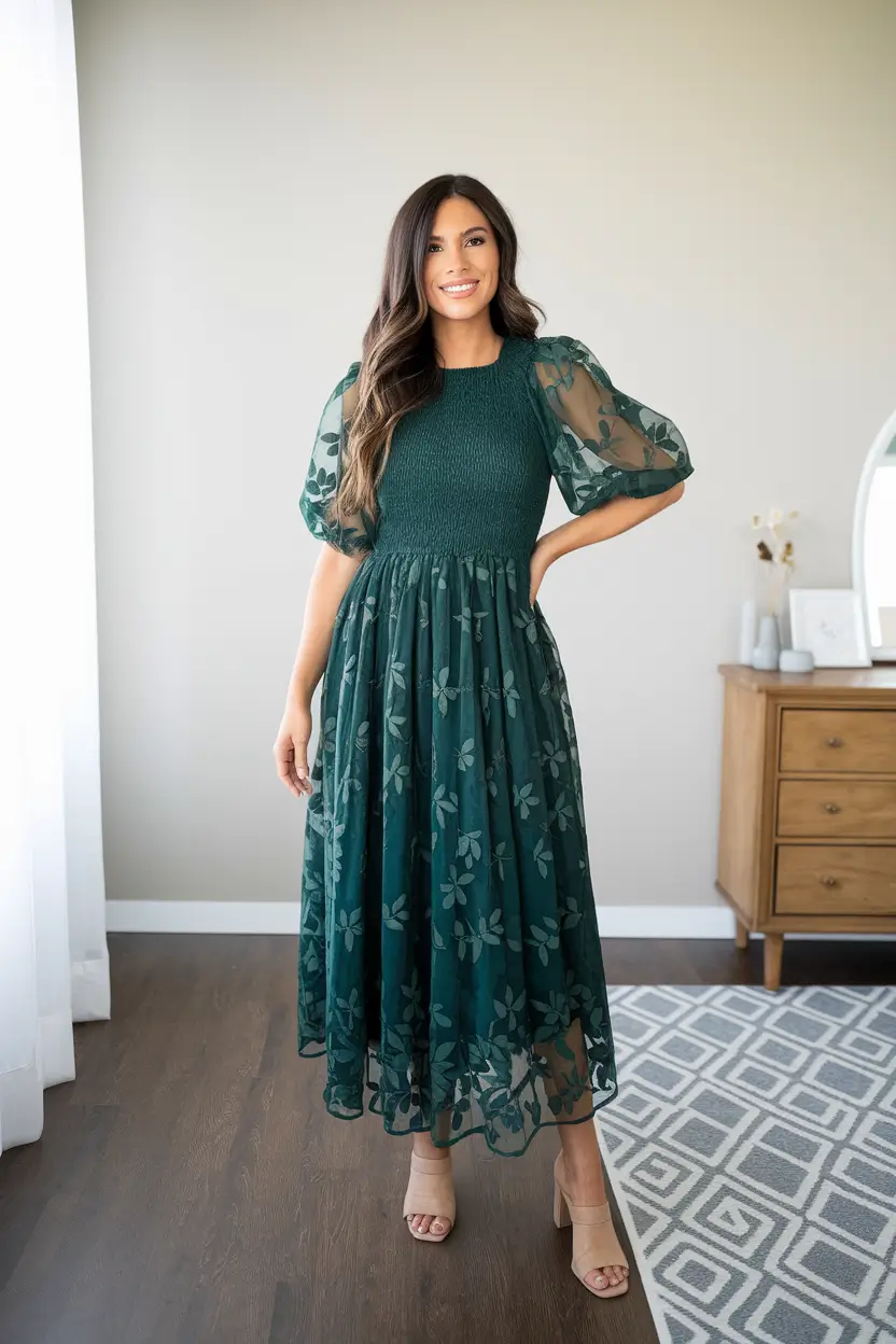 fall wedding guest dress long sleeve Deep Emerald Sheer-Sleeved Elegance