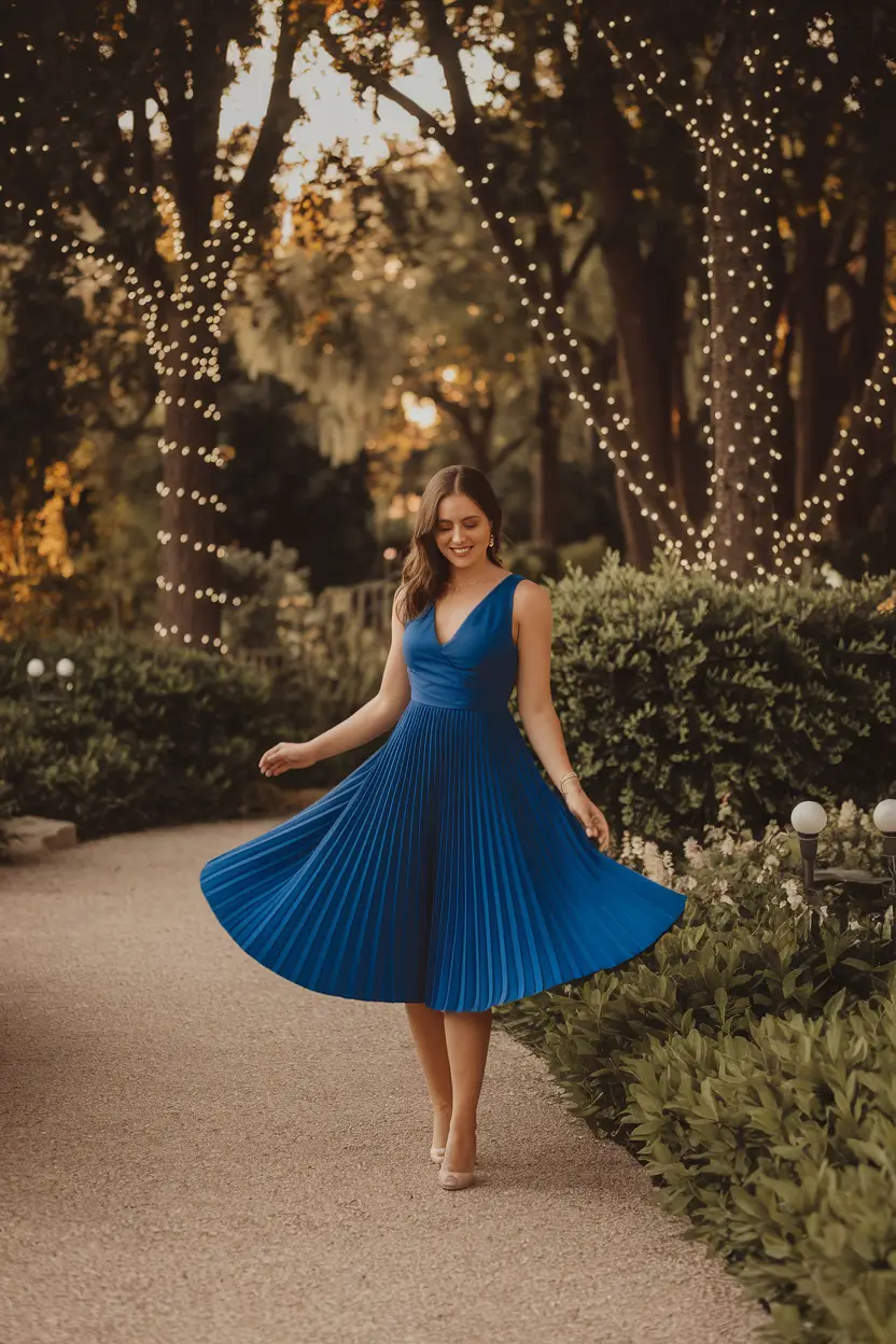 fall wedding guest dress september Pleated Periwinkle: Movement with Elegance