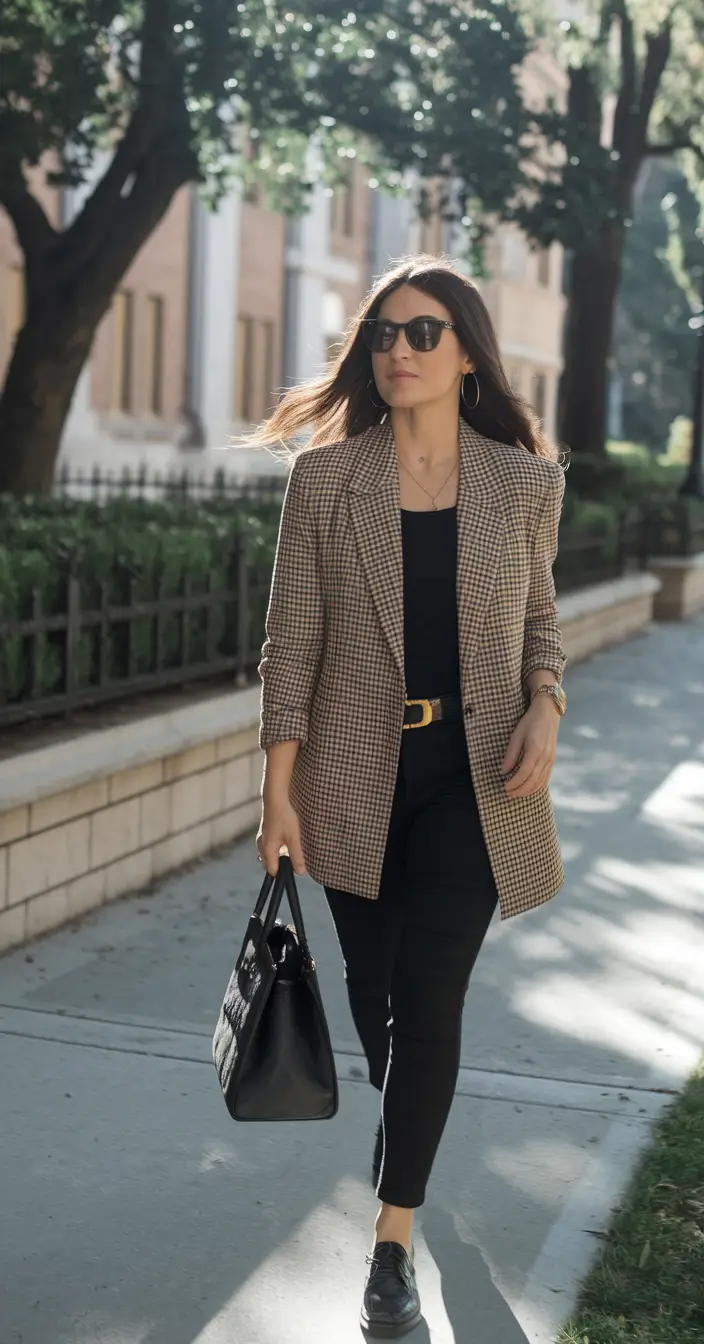 stylish work outfits for women 2025 Sharp City Strolls in Sleek Black and Houndstooth