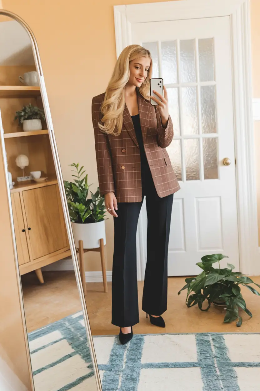 stylish work outfits for women 2025 Polished Neutral with a Checked Charm