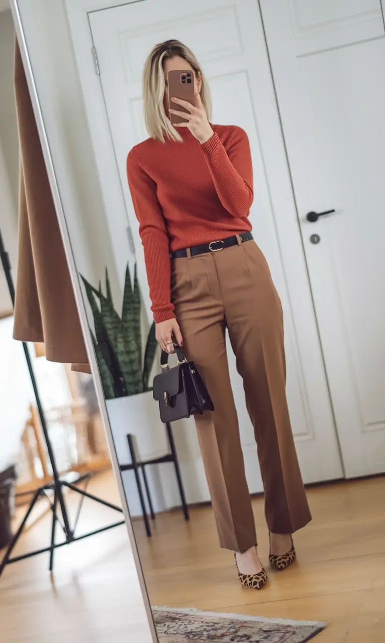 stylish work outfits for women 2025 Cinnamon Knit & Classic Camel Trousers