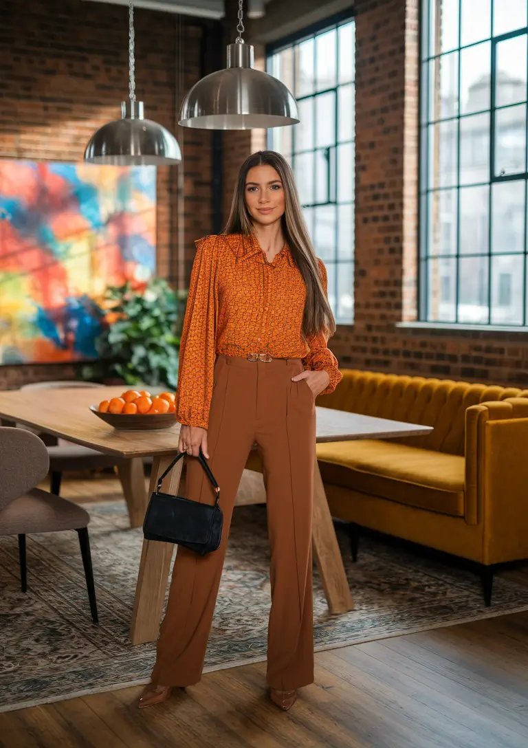 stylish work outfits for women 2025 Retro Rust and Boss Energy