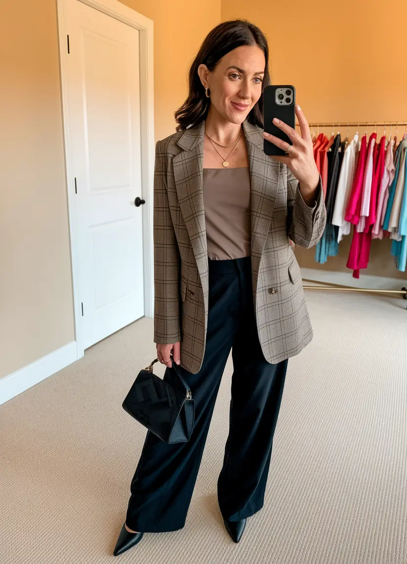 stylish work outfits for women 2025 Easy-Chic in Taupe and Tailored Black