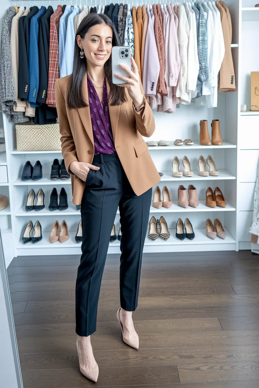 stylish work outfits for women 2025 Camel Confidence with a Pop of Plum