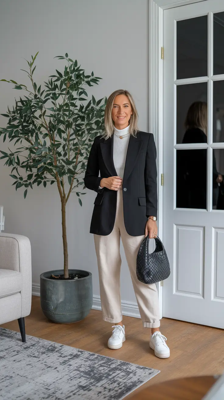 stylish work outfits for women 2025 Cool Girl Classic in Cream and Black