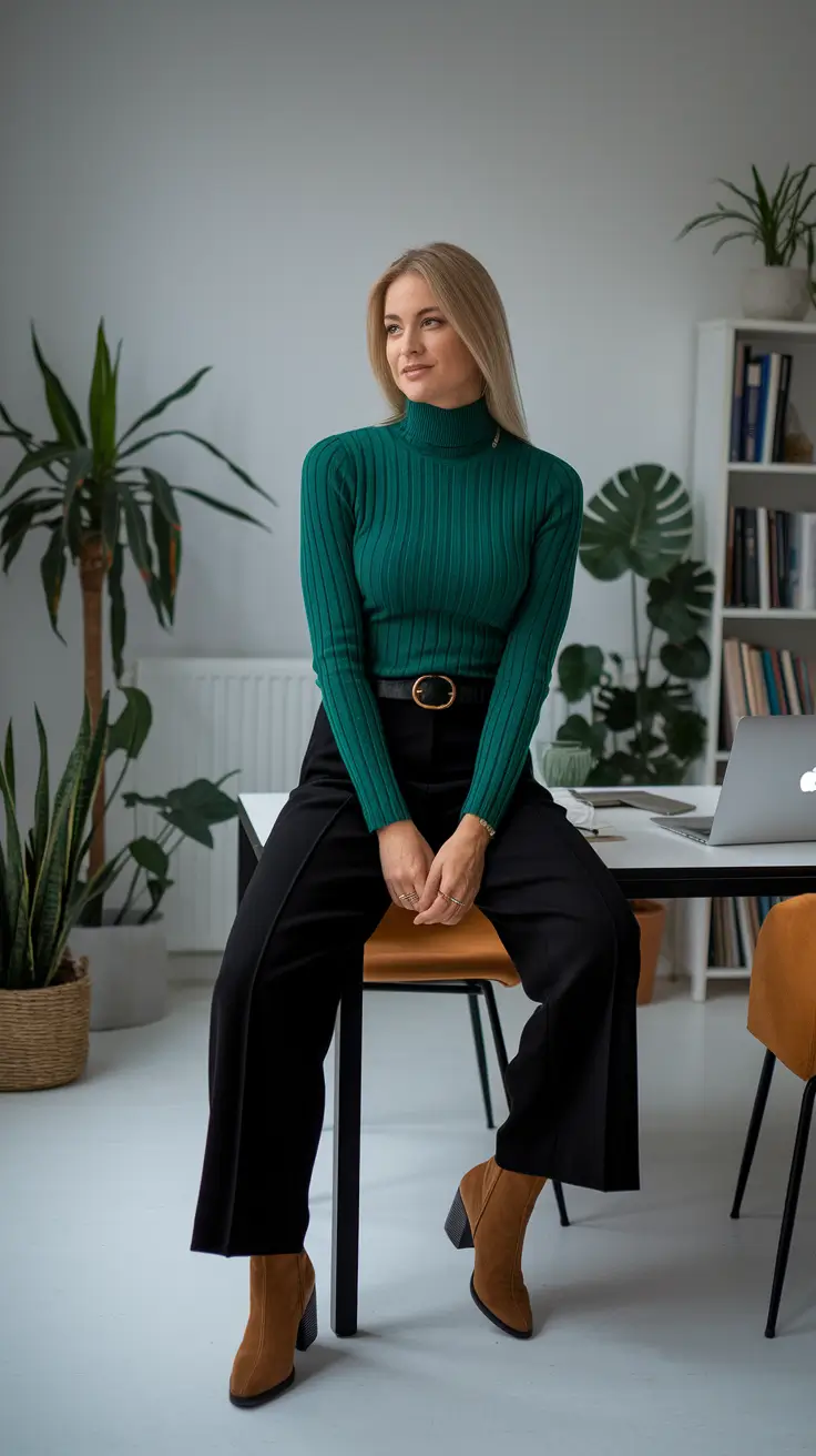 stylish work outfits for women 2025 Emerald Office Elegance with a Modern Twist