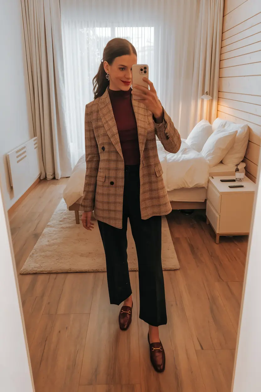 stylish work outfits for women 2025 Refined and Retro with a Hint of Burgundy