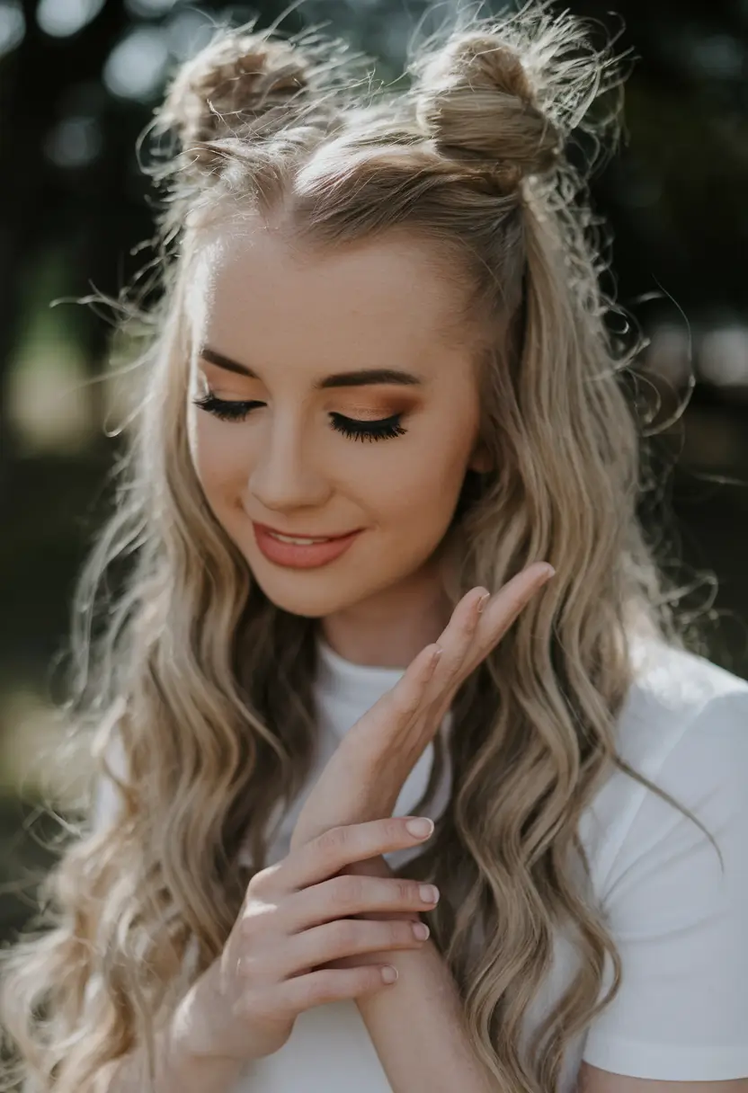first day of school hairstyles Soft Space Buns With Beach Waves