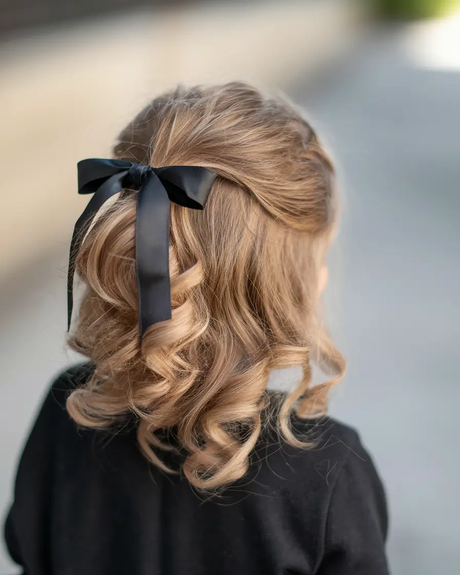 first day of school hairstyles Half-Up Curls with Black Ribbon