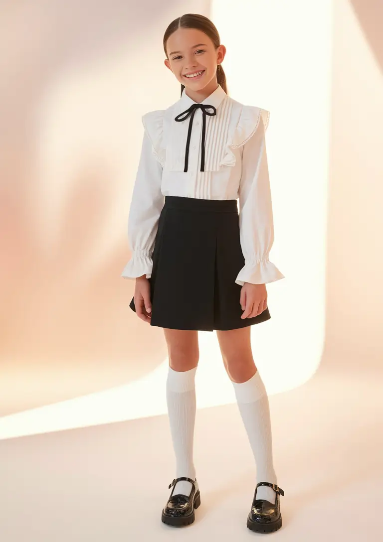 first day of school outfits 2025 Parisian-Inspired Ruffles and Monochrome Grace