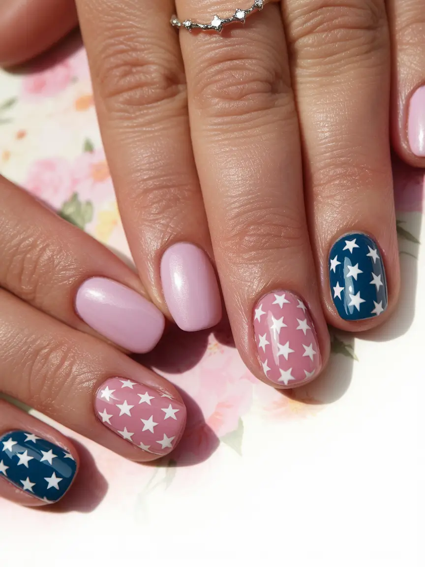 labor-day-nails-pastel-pink-navy-stars
