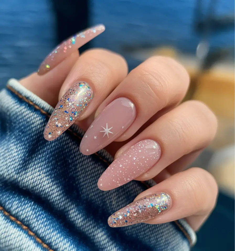 labor-day-nails-blue-swirls-silver-sparkle