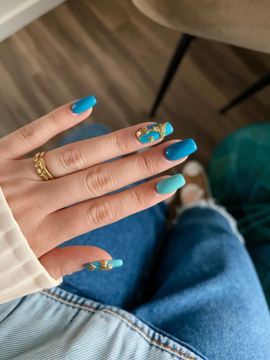 ocean vibe nails blue golden glow on blue waters
