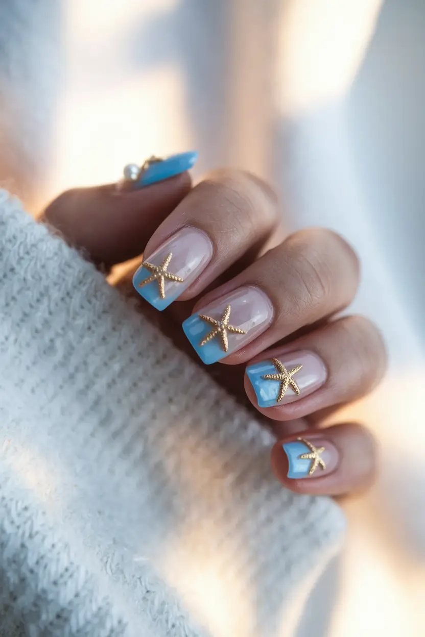 ocean vibe nails blue golden starfish accent on blue tips