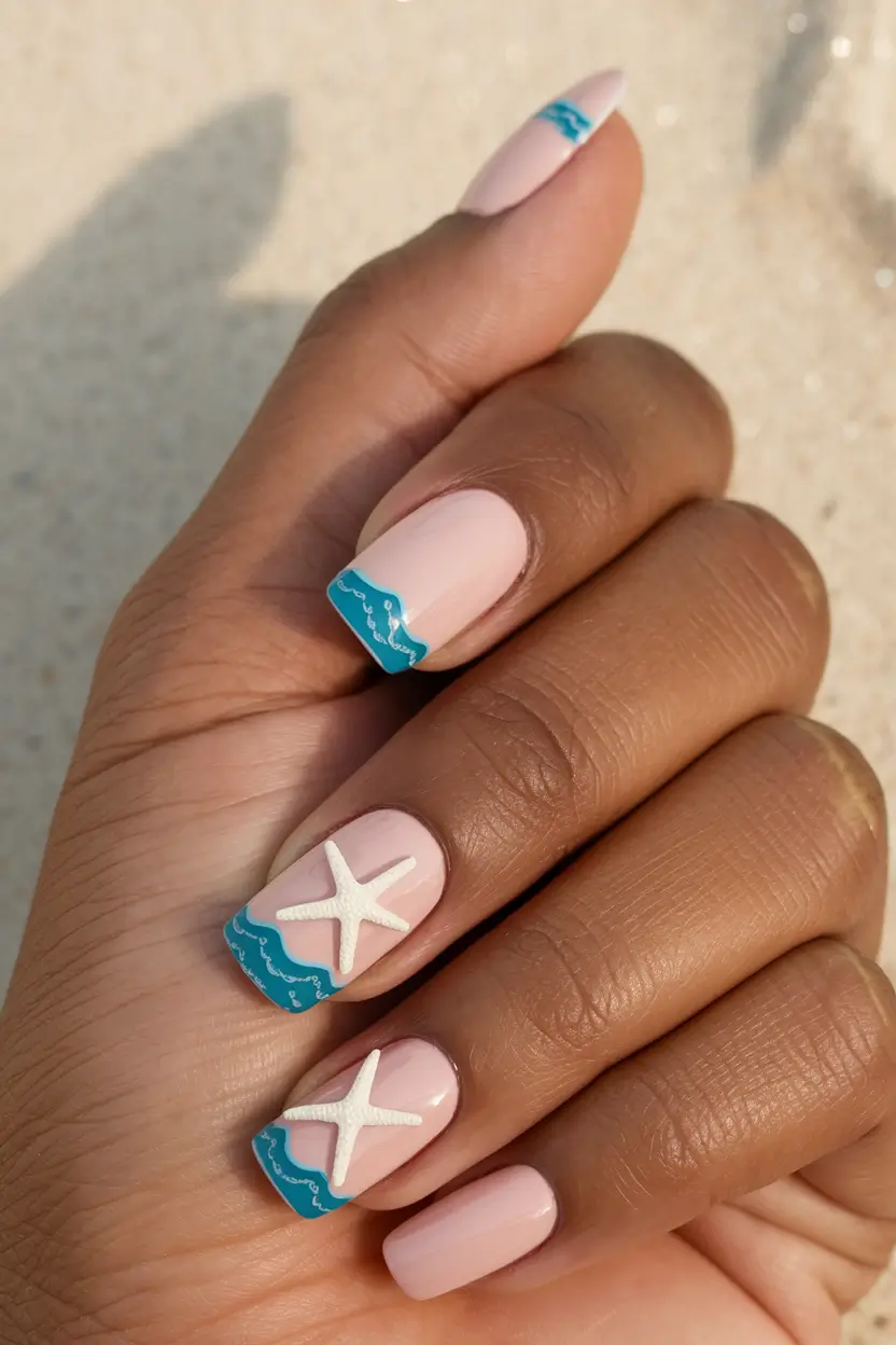 ocean vibe nails simple blue waves and white starfish tips