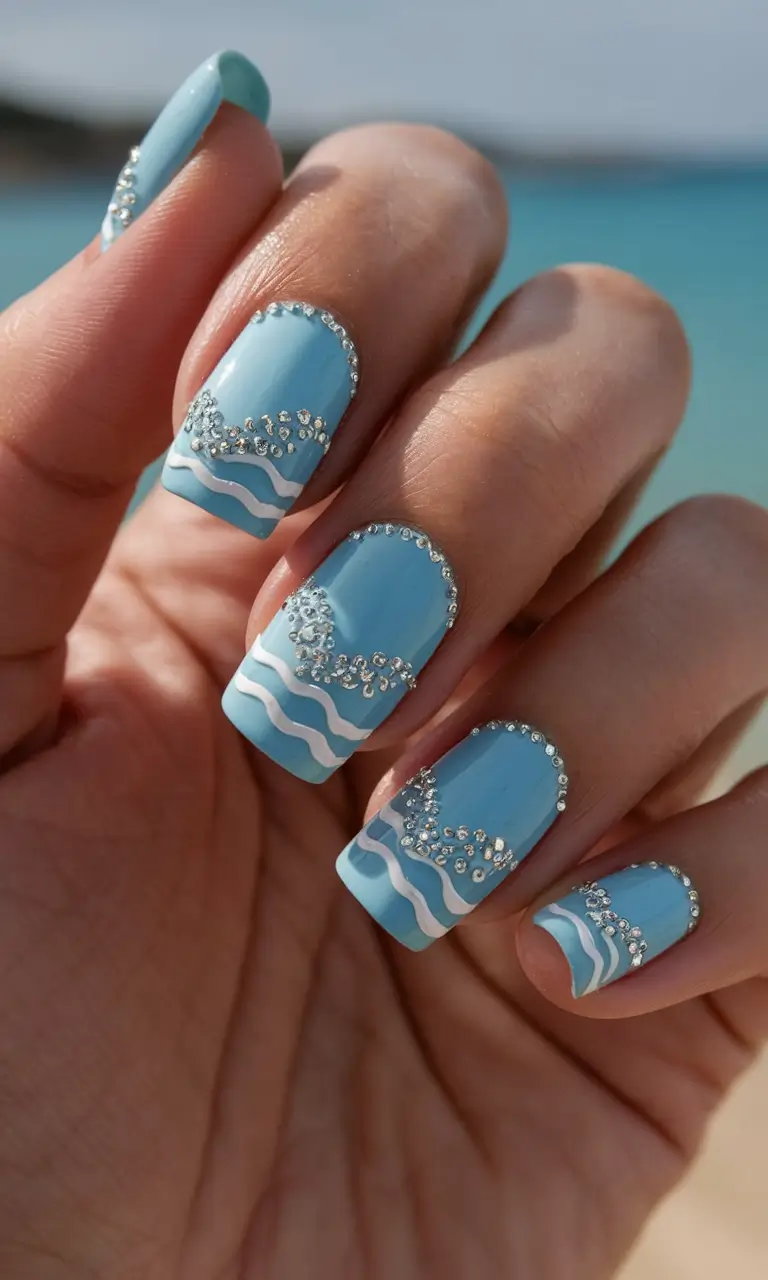 ocean vibe nails easy crystal blue waves with sparkling stones
